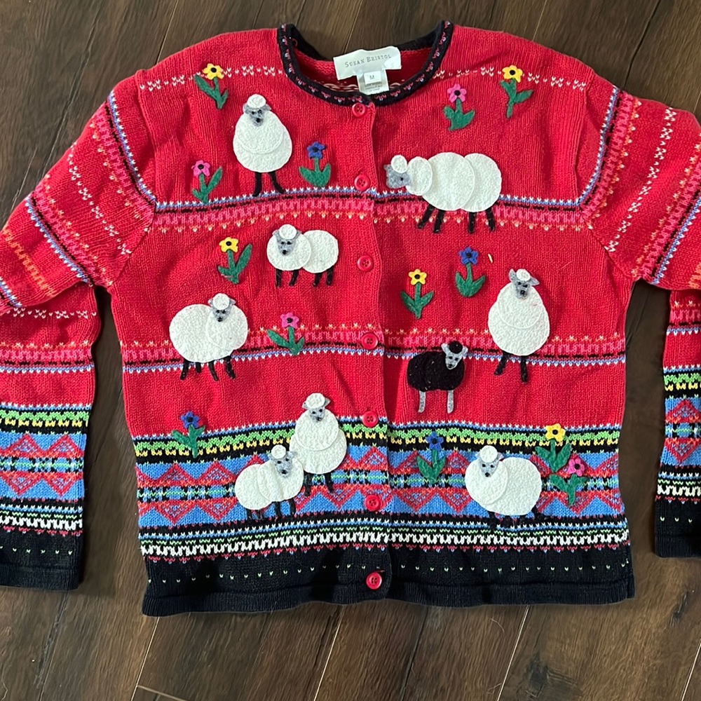 Susan Bristol vintage sheep cardigan, size medium
